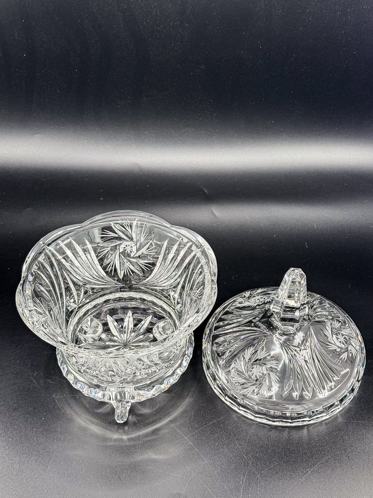 Vintage Bohemian Czech Hand-Cut Crystal Footed Lidded Candy Dish, Pinwheel and Fan, Flea Bite Chip