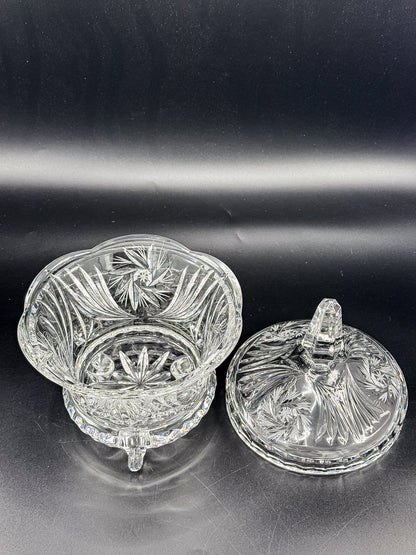 Vintage Bohemian Czech Hand-Cut Crystal Footed Lidded Candy Dish, Pinwheel and Fan, Flea Bite Chip