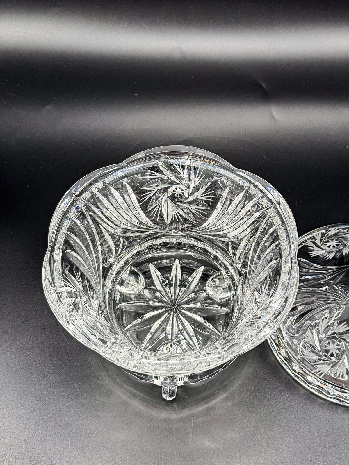 Vintage Bohemian Czech Hand-Cut Crystal Footed Lidded Candy Dish, Pinwheel and Fan, Flea Bite Chip