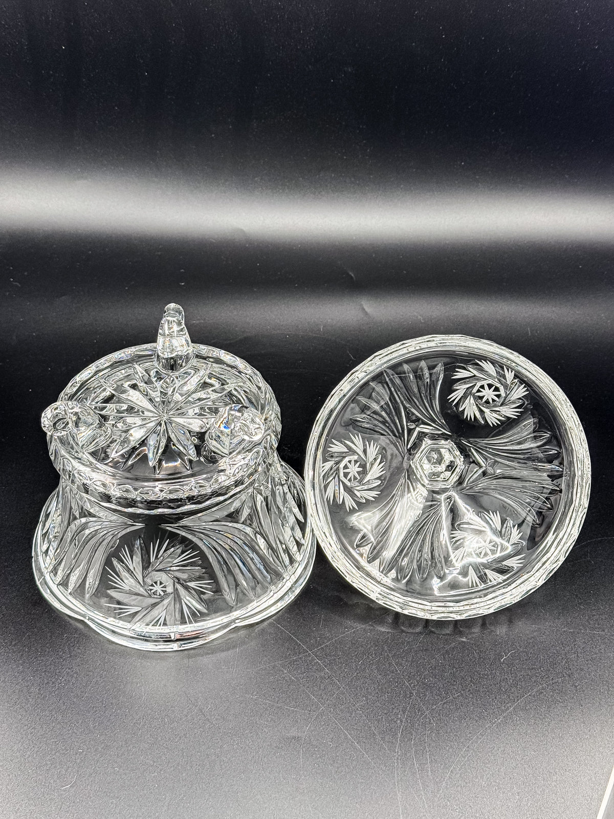 Vintage Bohemian Czech Hand-Cut Crystal Footed Lidded Candy Dish, Pinwheel and Fan, Flea Bite Chip