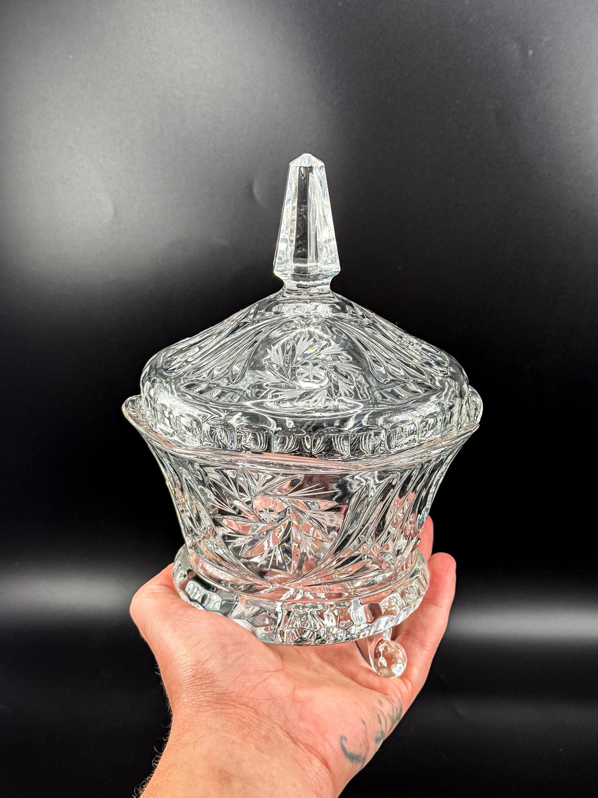 Vintage Bohemian Czech Hand-Cut Crystal Footed Lidded Candy Dish, Pinwheel and Fan, Flea Bite Chip