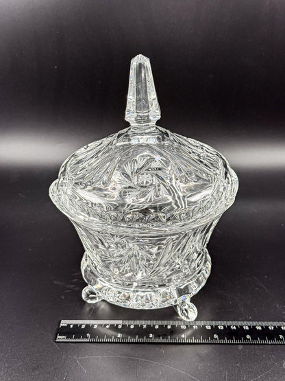 Vintage Bohemian Czech Hand-Cut Crystal Footed Lidded Candy Dish, Pinwheel and Fan, Flea Bite Chip