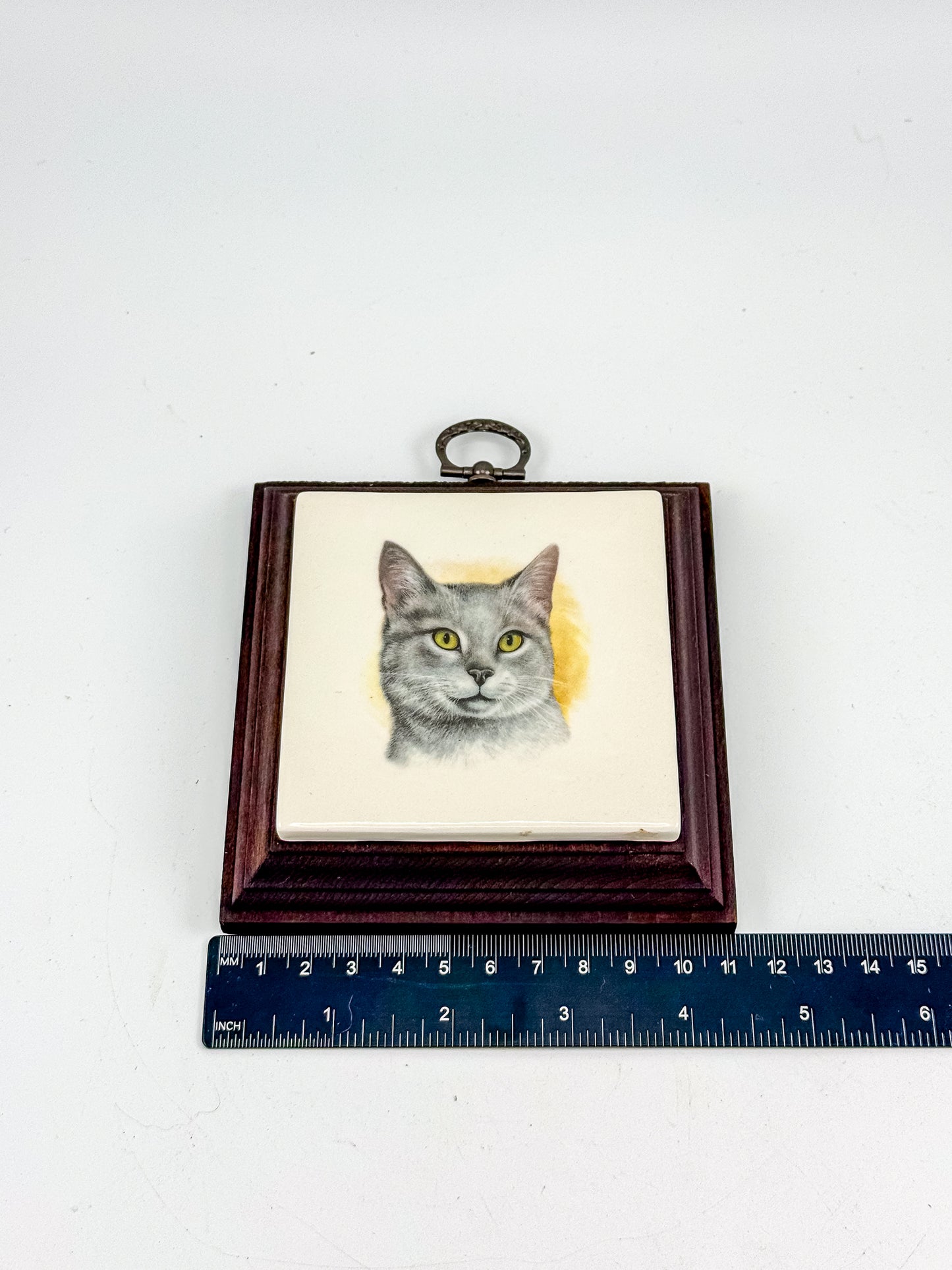 Vintage Gray Cat Portrait Ceramic Tile Wall Plaque in Dark Wood Frame, Holiday House Manitowoc WI
