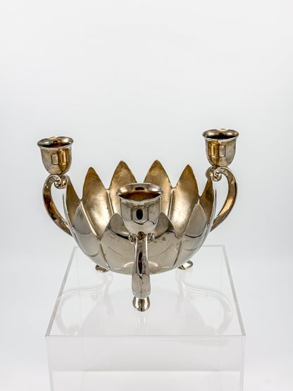 Vintage Silver-Plated Lotus Flower Bowl Candelabra with Three Candle Cups and Scroll Arms