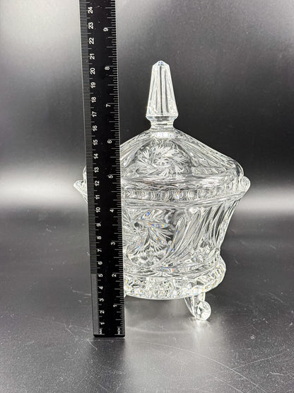 Vintage Bohemian Czech Hand-Cut Crystal Footed Lidded Candy Dish, Pinwheel and Fan, Flea Bite Chip