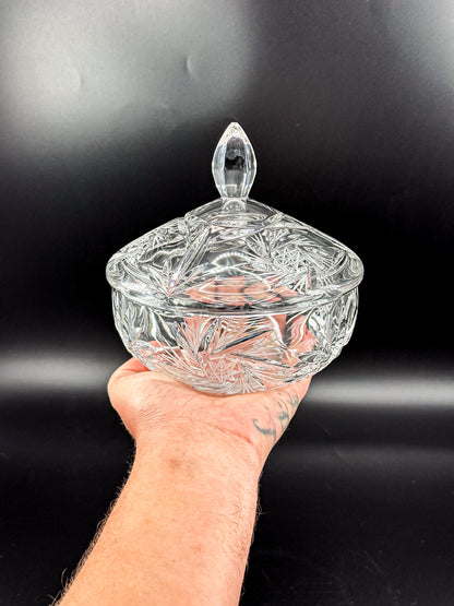 Vintage Bohemian Czech Hand-Cut Crystal Lidded Candy Dish with Pinwheel and Fan Pattern