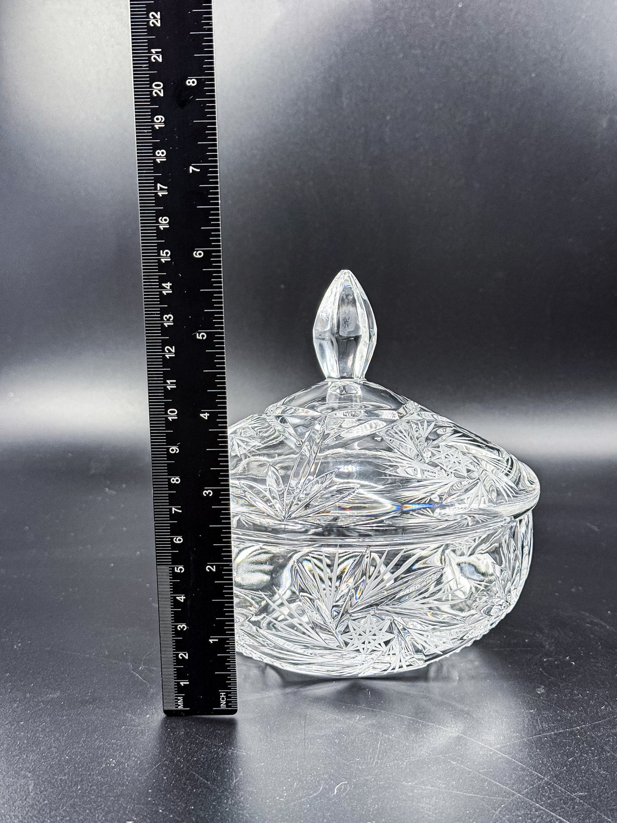 Vintage Bohemian Czech Hand-Cut Crystal Lidded Candy Dish with Pinwheel and Fan Pattern