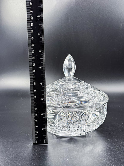 Vintage Bohemian Czech Hand-Cut Crystal Lidded Candy Dish with Pinwheel and Fan Pattern