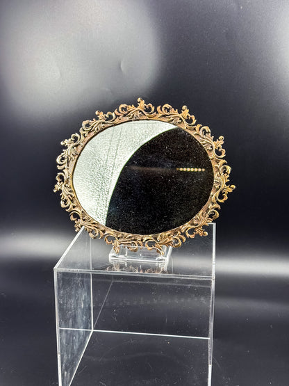 Vintage Ornate Brass Vanity Mirror Tray with Rococo Acanthus Scroll Frame