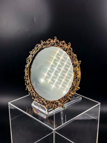 Vintage Ornate Brass Vanity Mirror Tray with Rococo Acanthus Scroll Frame