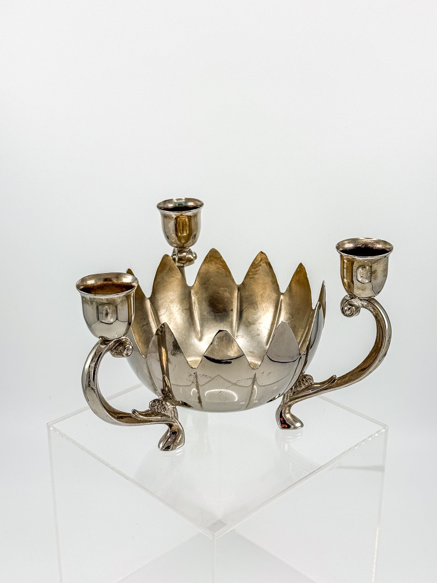 Vintage Silver-Plated Lotus Flower Bowl Candelabra with Three Candle Cups and Scroll Arms