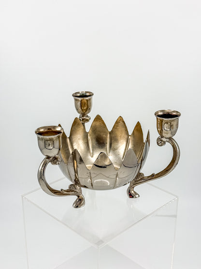 Vintage Silver-Plated Lotus Flower Bowl Candelabra with Three Candle Cups and Scroll Arms
