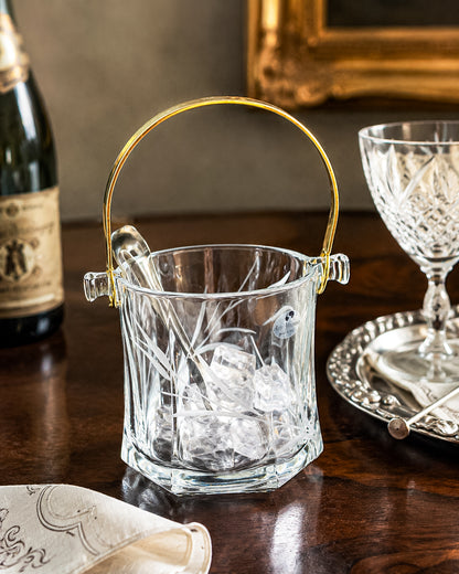 Arte Murano Italian Crystal Ice Bucket with Etched Botanical Design and Gold-Tone Handle