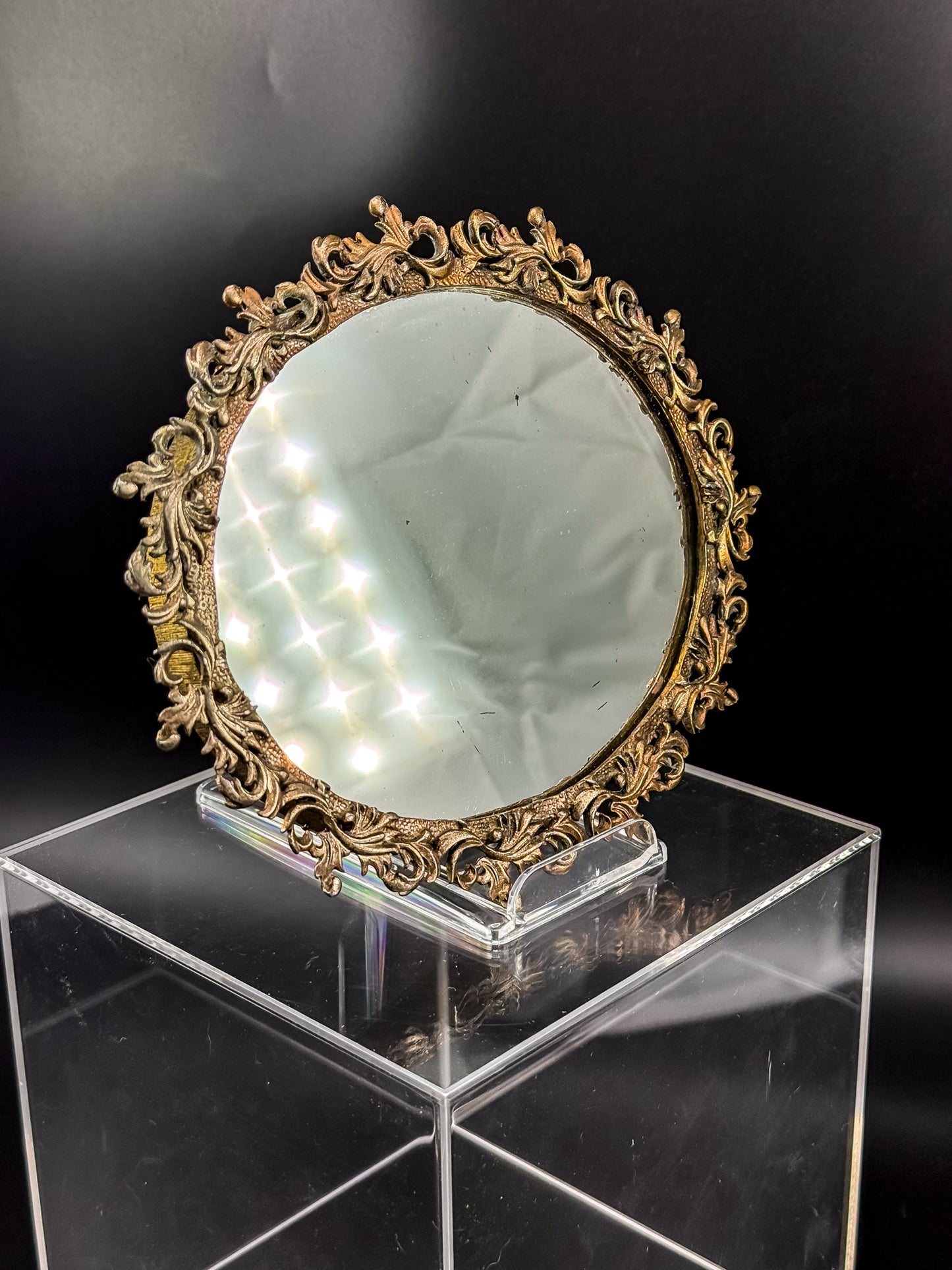 Vintage Ornate Brass Vanity Mirror Tray with Rococo Acanthus Scroll Frame