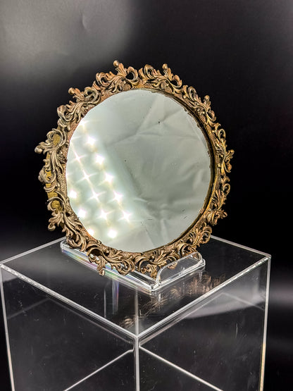 Vintage Ornate Brass Vanity Mirror Tray with Rococo Acanthus Scroll Frame