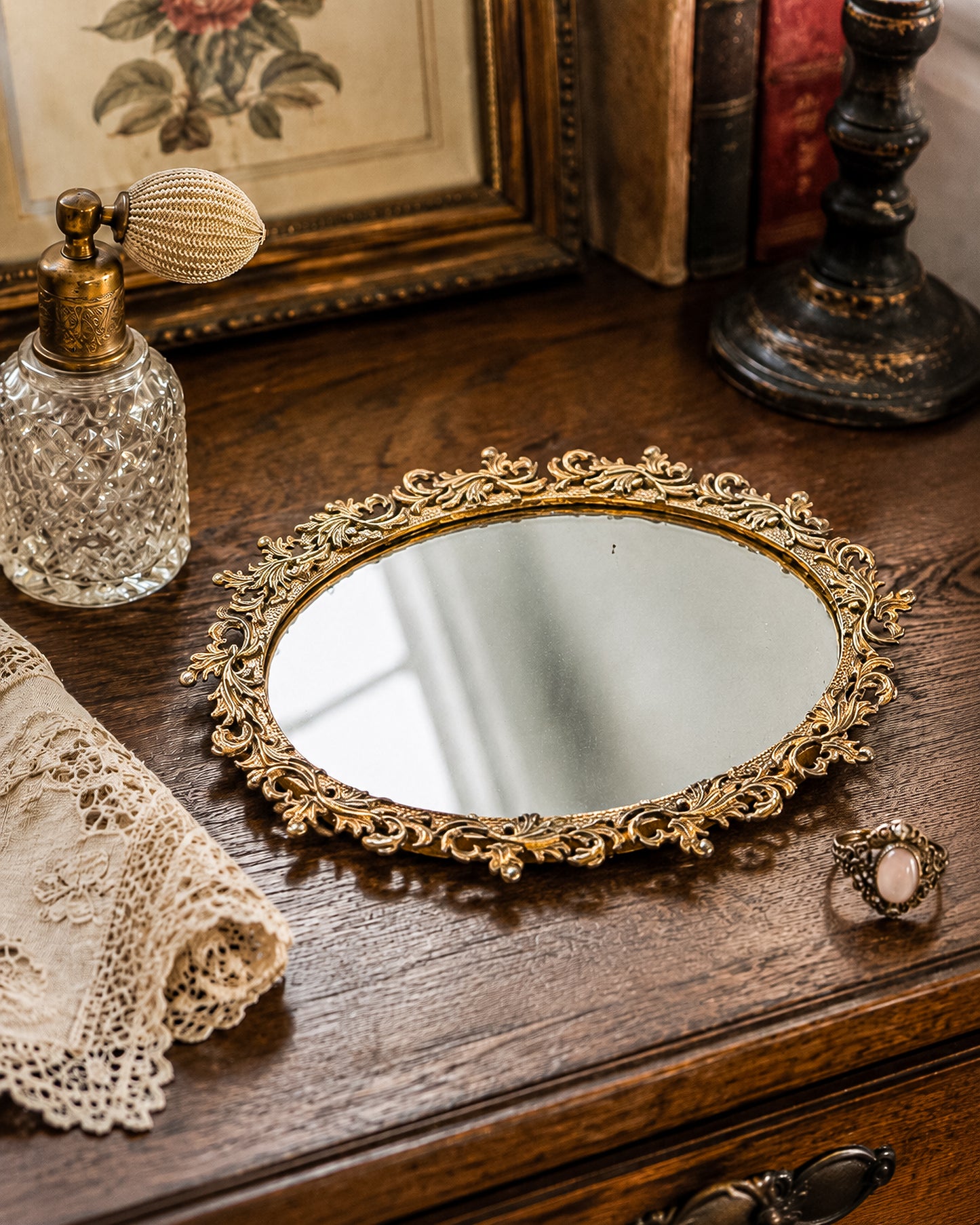 Vintage Ornate Brass Vanity Mirror Tray with Rococo Acanthus Scroll Frame