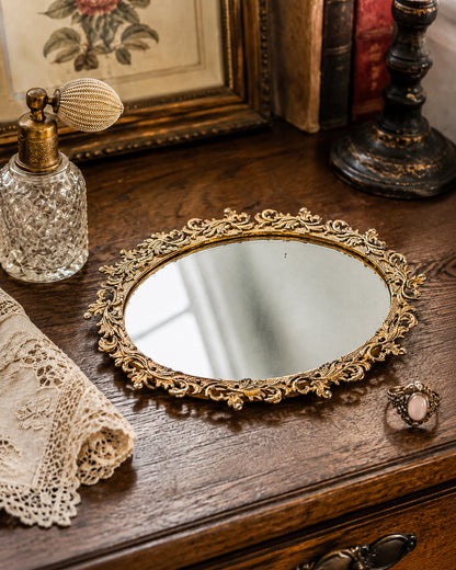 Vintage Ornate Brass Vanity Mirror Tray with Rococo Acanthus Scroll Frame