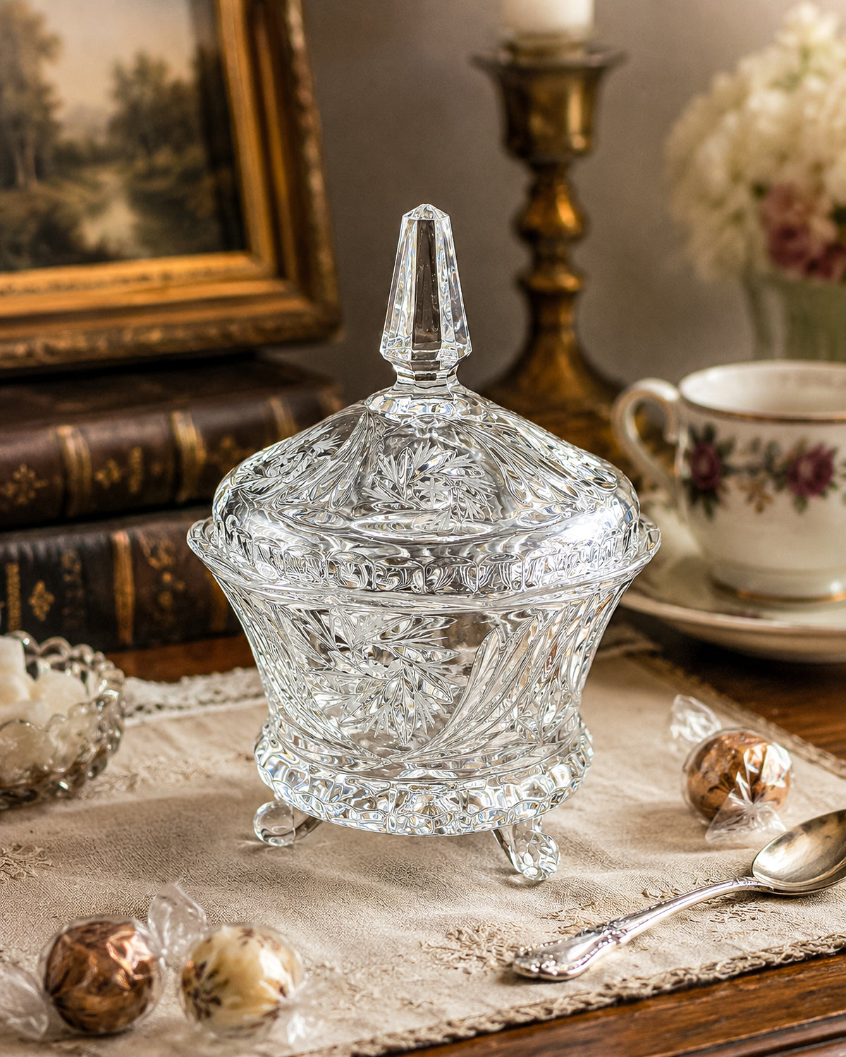Vintage Bohemian Czech Hand-Cut Crystal Footed Lidded Candy Dish, Pinwheel and Fan, Flea Bite Chip