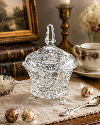 Vintage Bohemian Czech Hand-Cut Crystal Footed Lidded Candy Dish, Pinwheel and Fan, Flea Bite Chip