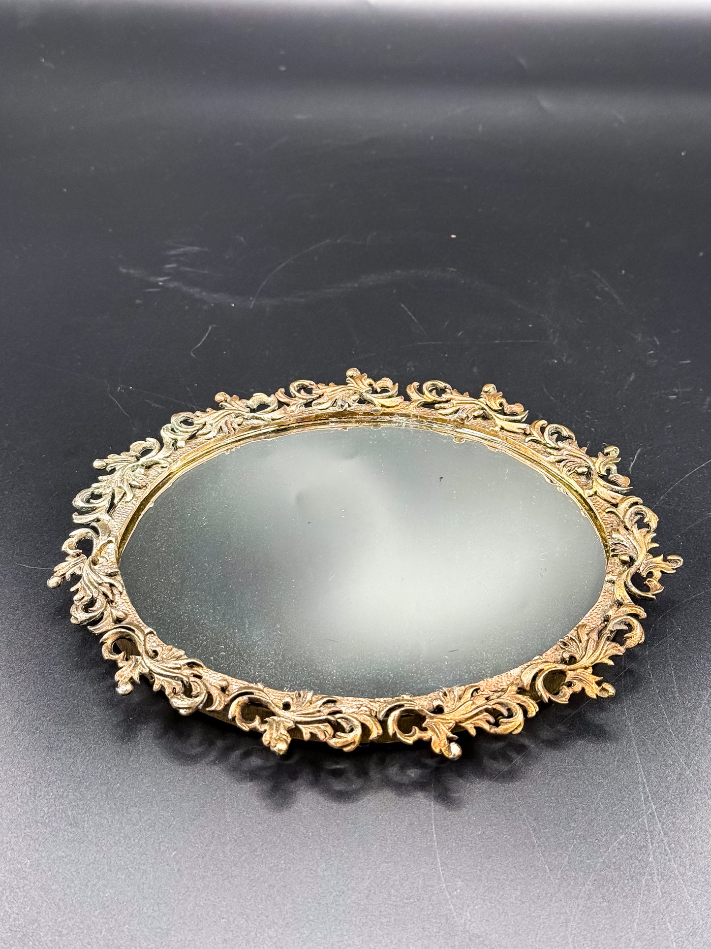 Vintage Ornate Brass Vanity Mirror Tray with Rococo Acanthus Scroll Frame