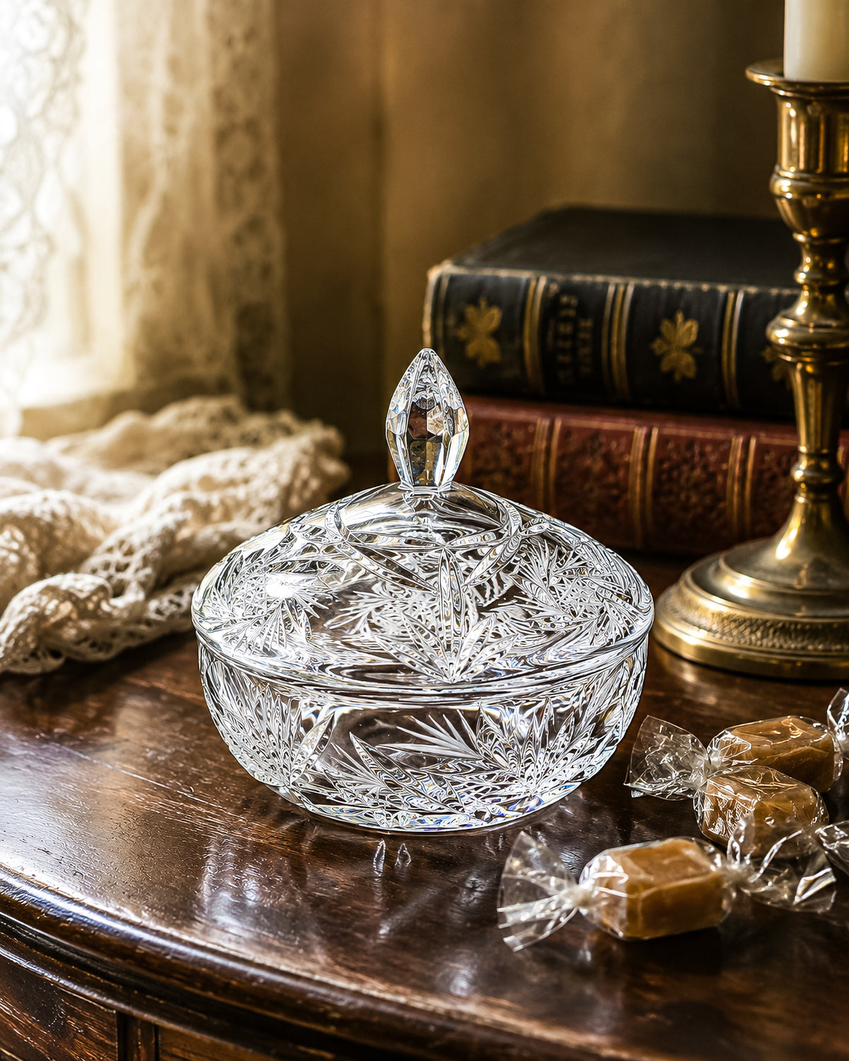 Vintage Bohemian Czech Hand-Cut Crystal Lidded Candy Dish with Pinwheel and Fan Pattern