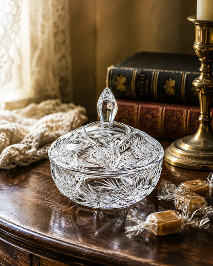 Vintage Bohemian Czech Hand-Cut Crystal Lidded Candy Dish with Pinwheel and Fan Pattern