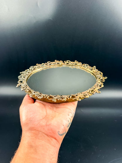 Vintage Ornate Brass Vanity Mirror Tray with Rococo Acanthus Scroll Frame
