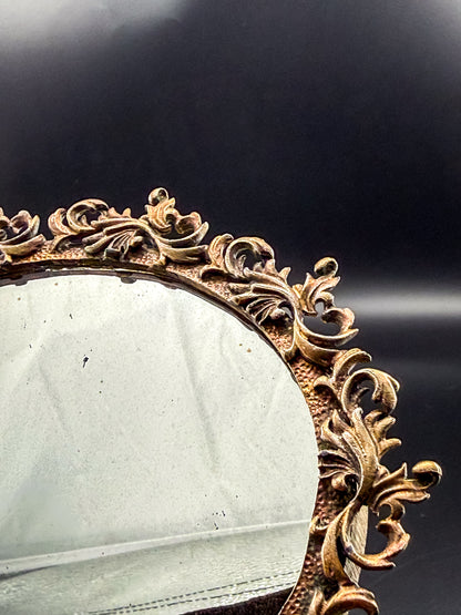 Vintage Ornate Brass Vanity Mirror Tray with Rococo Acanthus Scroll Frame