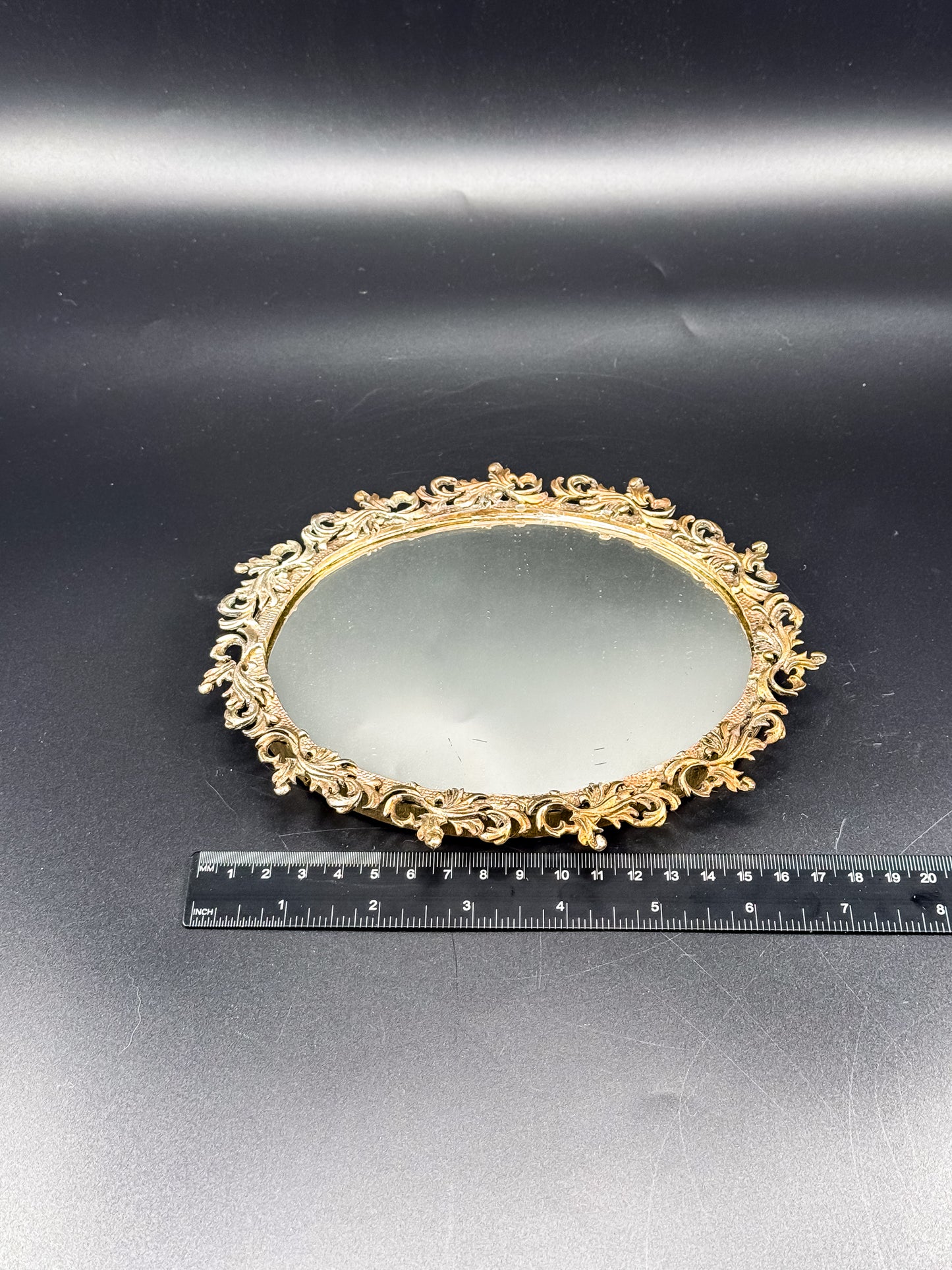 Vintage Ornate Brass Vanity Mirror Tray with Rococo Acanthus Scroll Frame