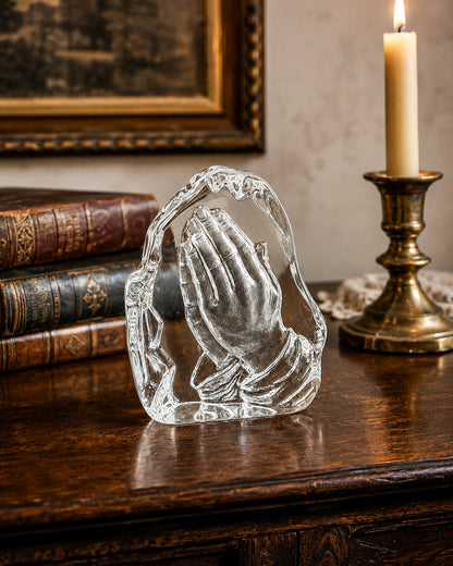 Vintage Lead Crystal Praying Hands Paperweight Sculpture with Free-Form Natural Edge