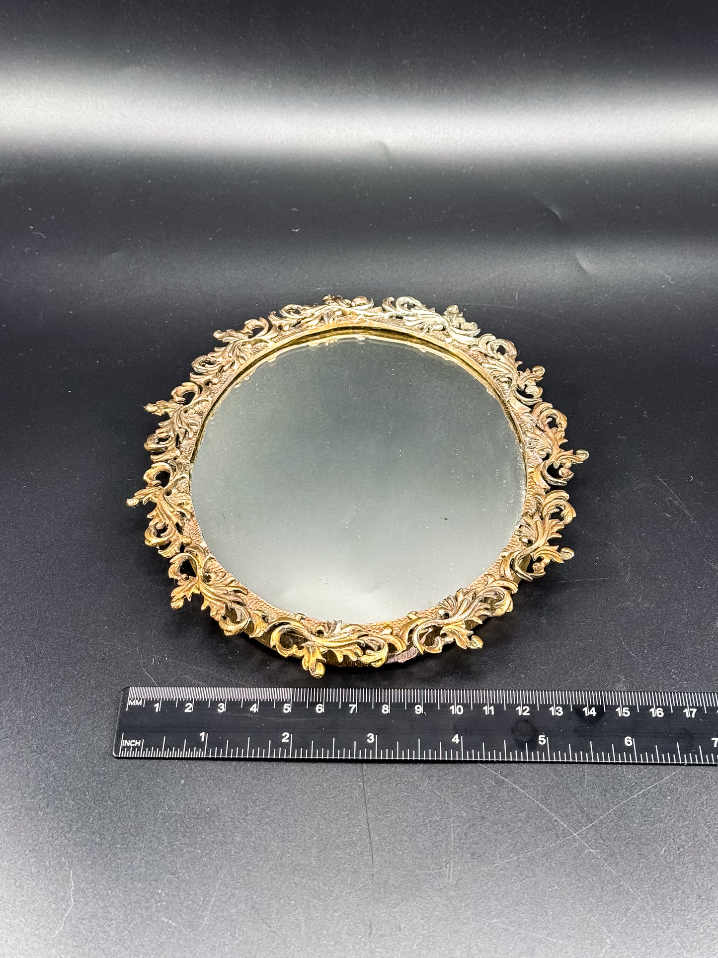Vintage Ornate Brass Vanity Mirror Tray with Rococo Acanthus Scroll Frame