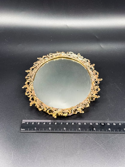 Vintage Ornate Brass Vanity Mirror Tray with Rococo Acanthus Scroll Frame
