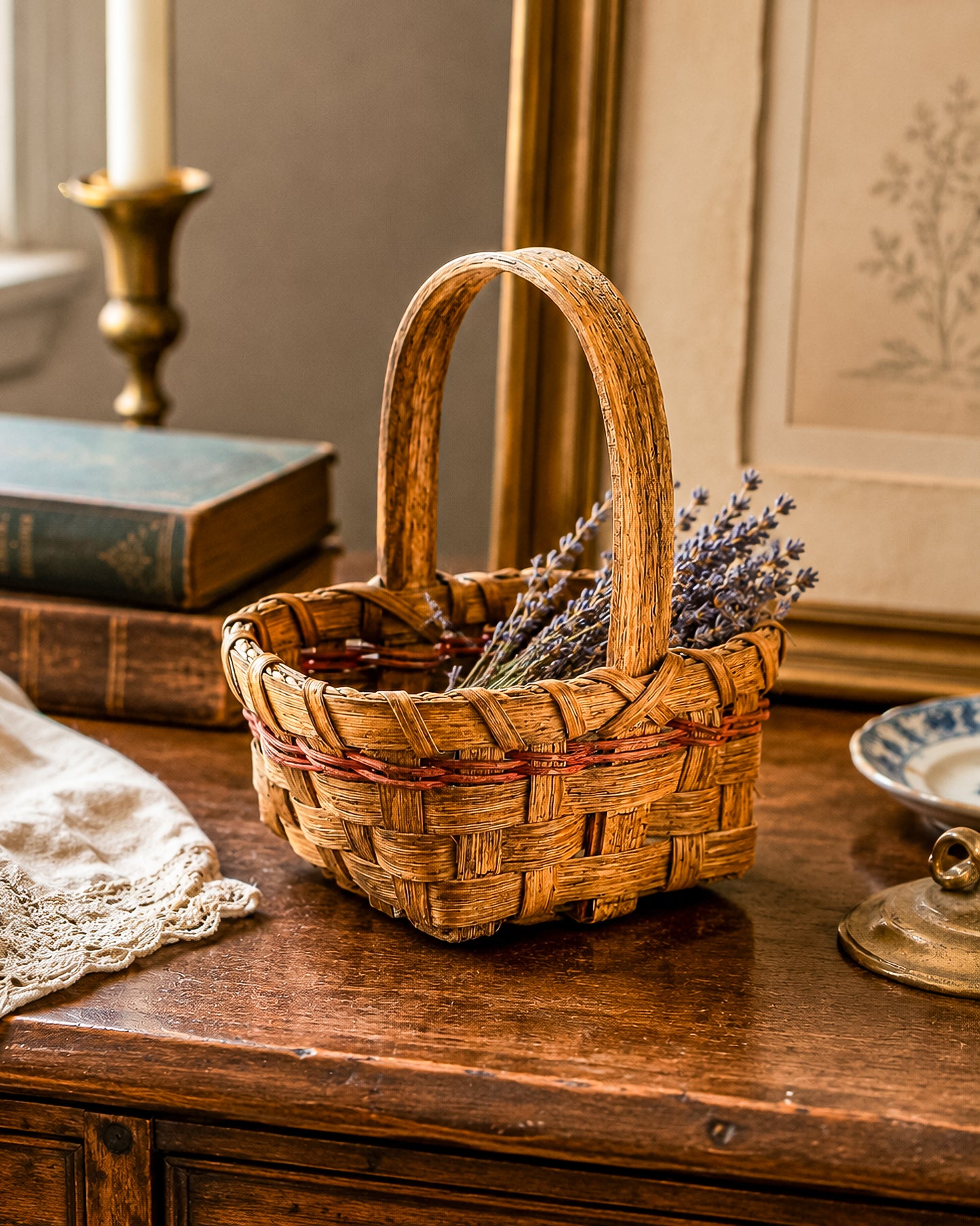 Early Vintage Primitive Hand-Woven Splint Basket with Bentwood Handle and Red Accent, Signed and Dated 1992
