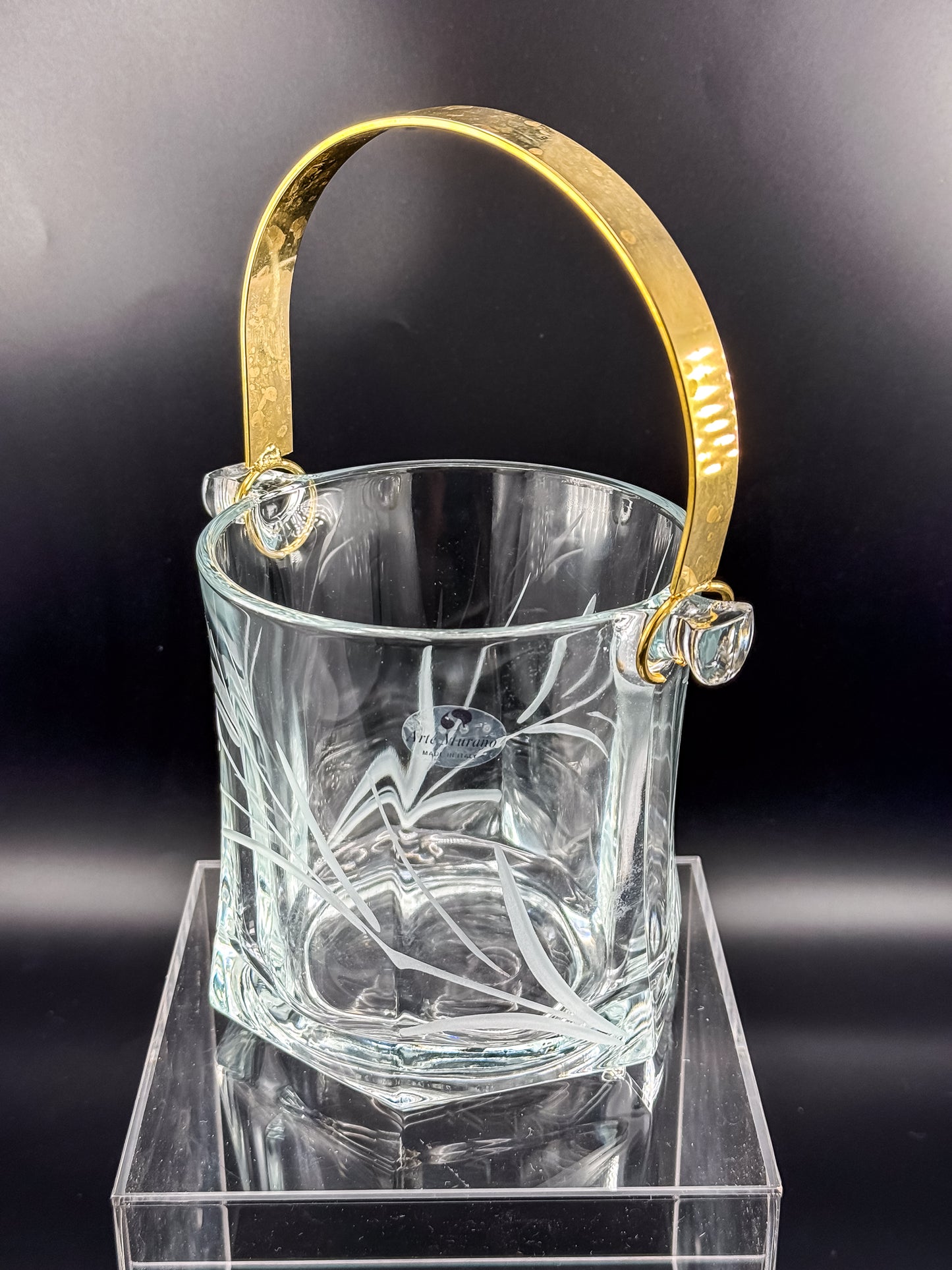 Arte Murano Italian Crystal Ice Bucket with Etched Botanical Design and Gold-Tone Handle