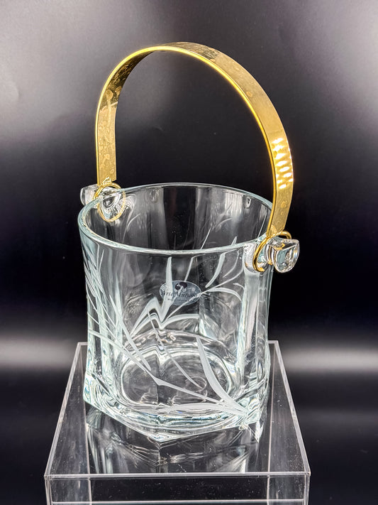 Arte Murano Italian Crystal Ice Bucket with Etched Botanical Design and Gold-Tone Handle