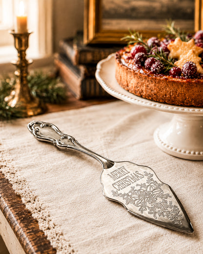 Vintage Silver-Plated Merry Christmas Pie Server with Engraved Holiday Bells and Rococo Handle