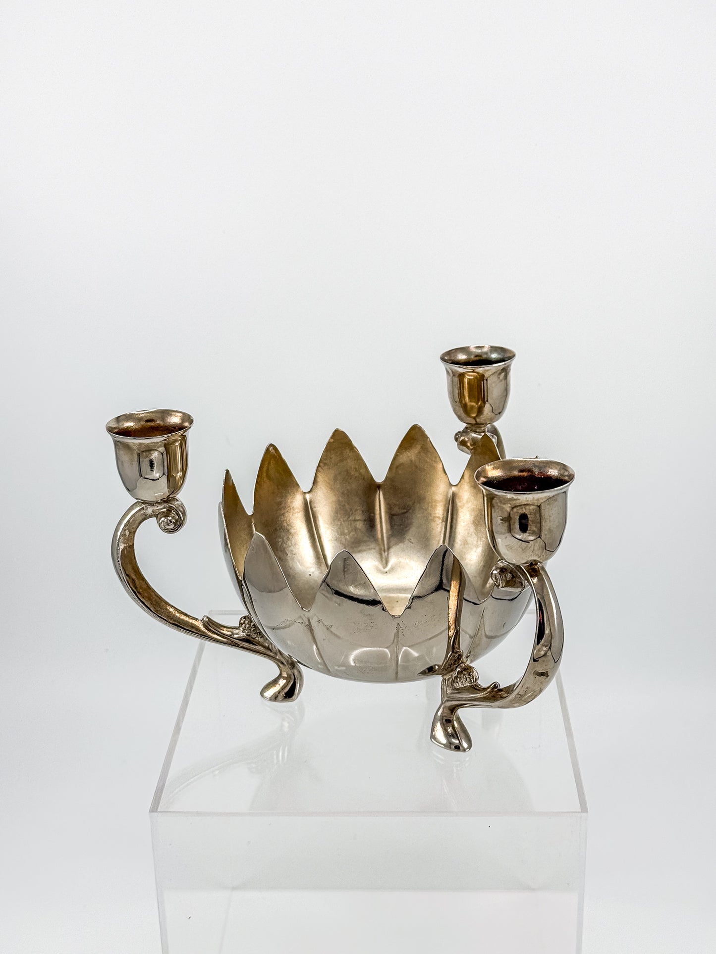 Vintage Silver-Plated Lotus Flower Bowl Candelabra with Three Candle Cups and Scroll Arms