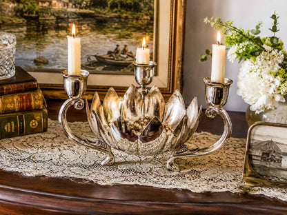 Vintage Silver-Plated Lotus Flower Bowl Candelabra with Three Candle Cups and Scroll Arms