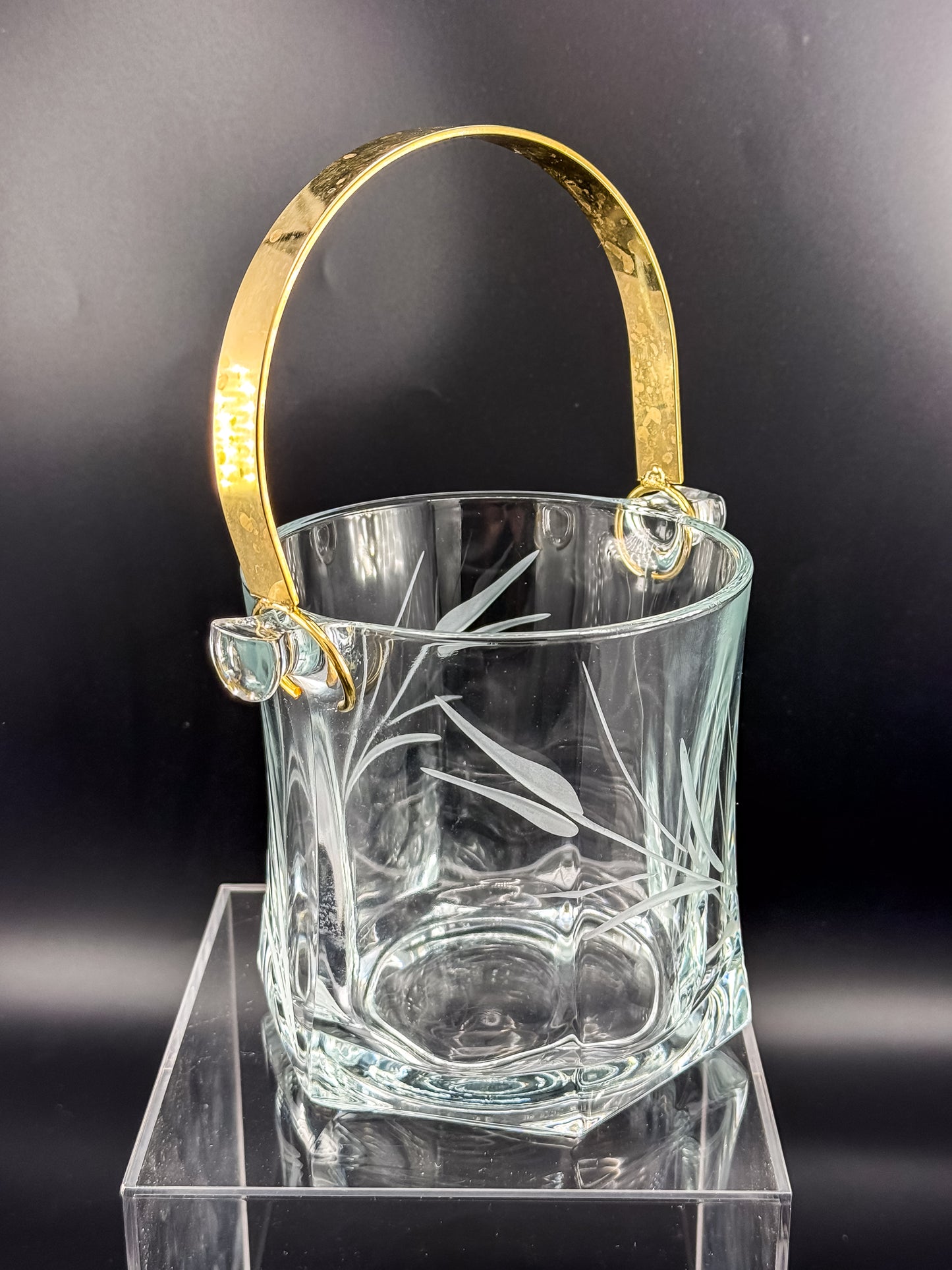 Arte Murano Italian Crystal Ice Bucket with Etched Botanical Design and Gold-Tone Handle