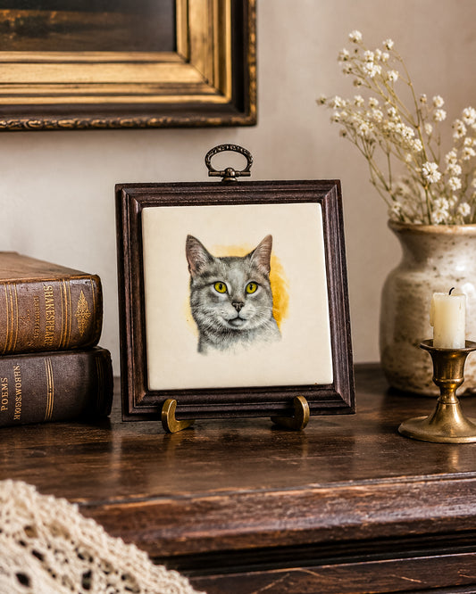 Vintage Gray Cat Portrait Ceramic Tile Wall Plaque in Dark Wood Frame, Holiday House Manitowoc WI