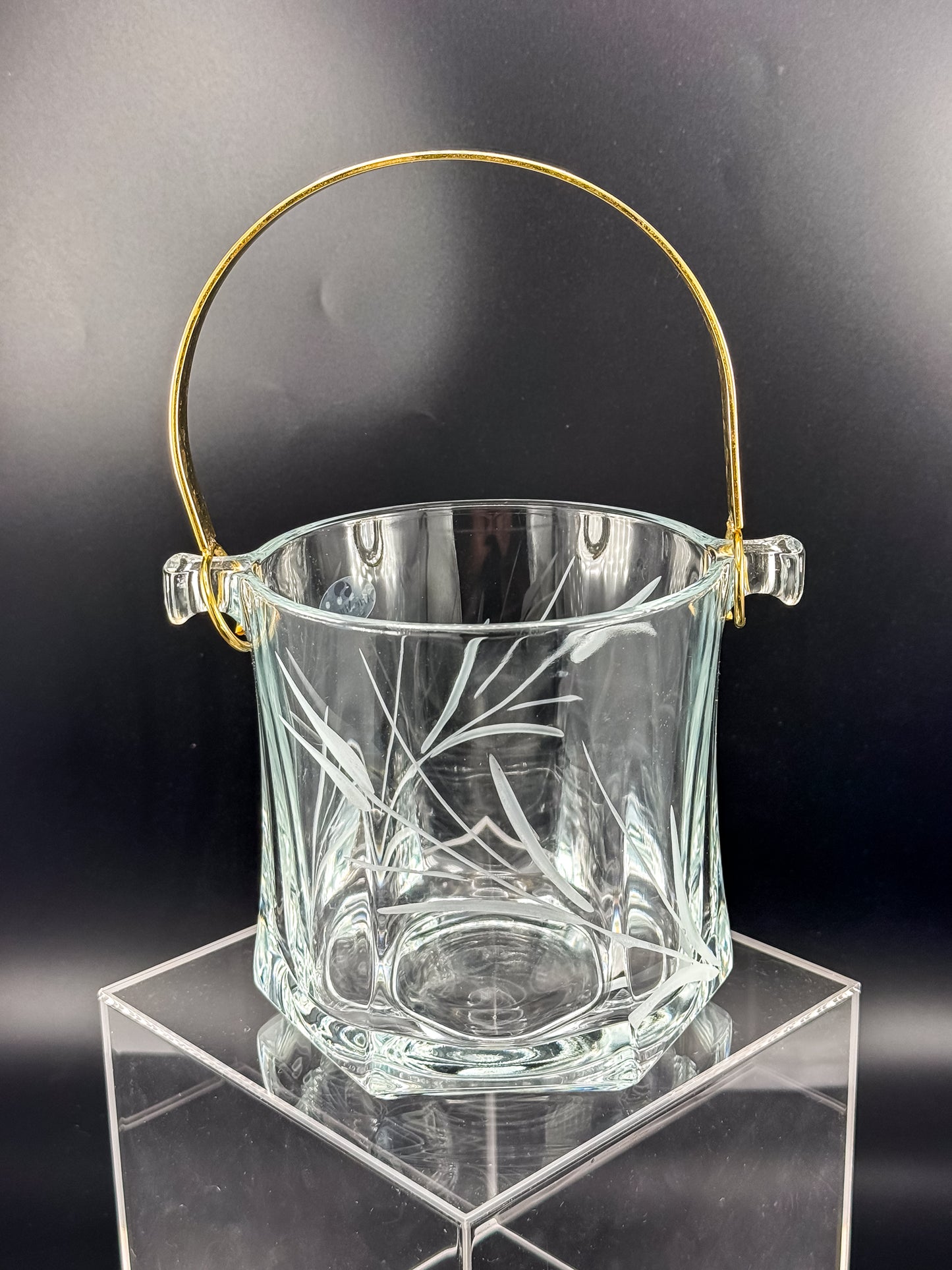 Arte Murano Italian Crystal Ice Bucket with Etched Botanical Design and Gold-Tone Handle