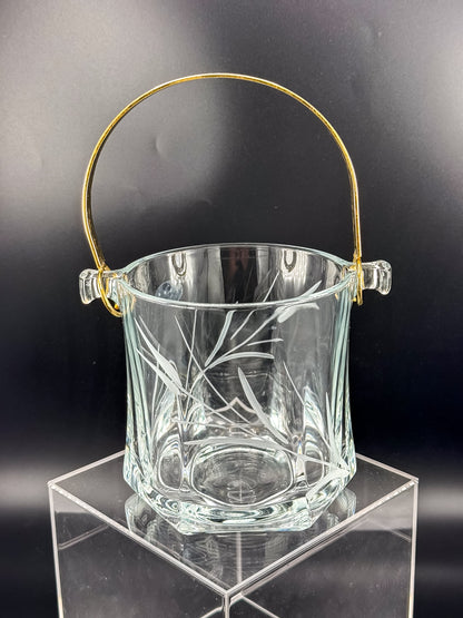 Arte Murano Italian Crystal Ice Bucket with Etched Botanical Design and Gold-Tone Handle