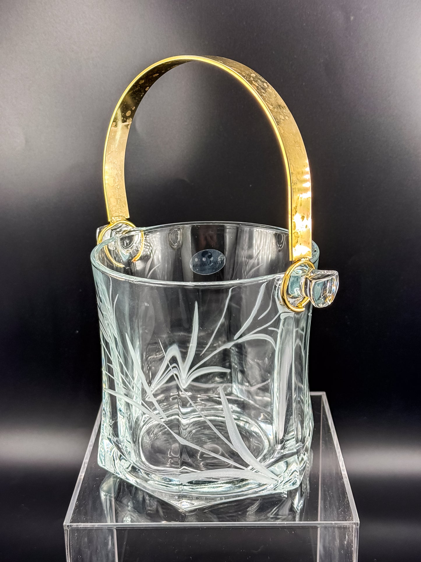 Arte Murano Italian Crystal Ice Bucket with Etched Botanical Design and Gold-Tone Handle