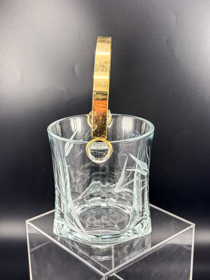 Arte Murano Italian Crystal Ice Bucket with Etched Botanical Design and Gold-Tone Handle
