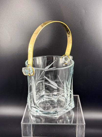 Arte Murano Italian Crystal Ice Bucket with Etched Botanical Design and Gold-Tone Handle