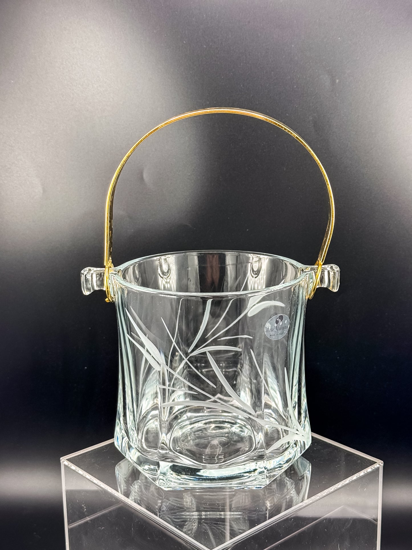 Arte Murano Italian Crystal Ice Bucket with Etched Botanical Design and Gold-Tone Handle