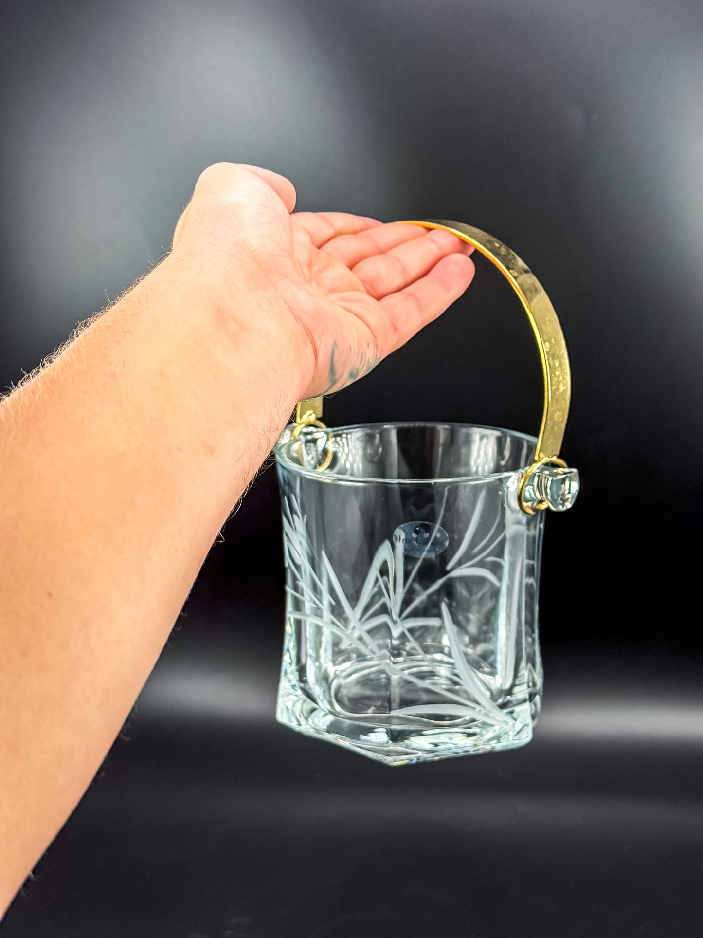 Arte Murano Italian Crystal Ice Bucket with Etched Botanical Design and Gold-Tone Handle