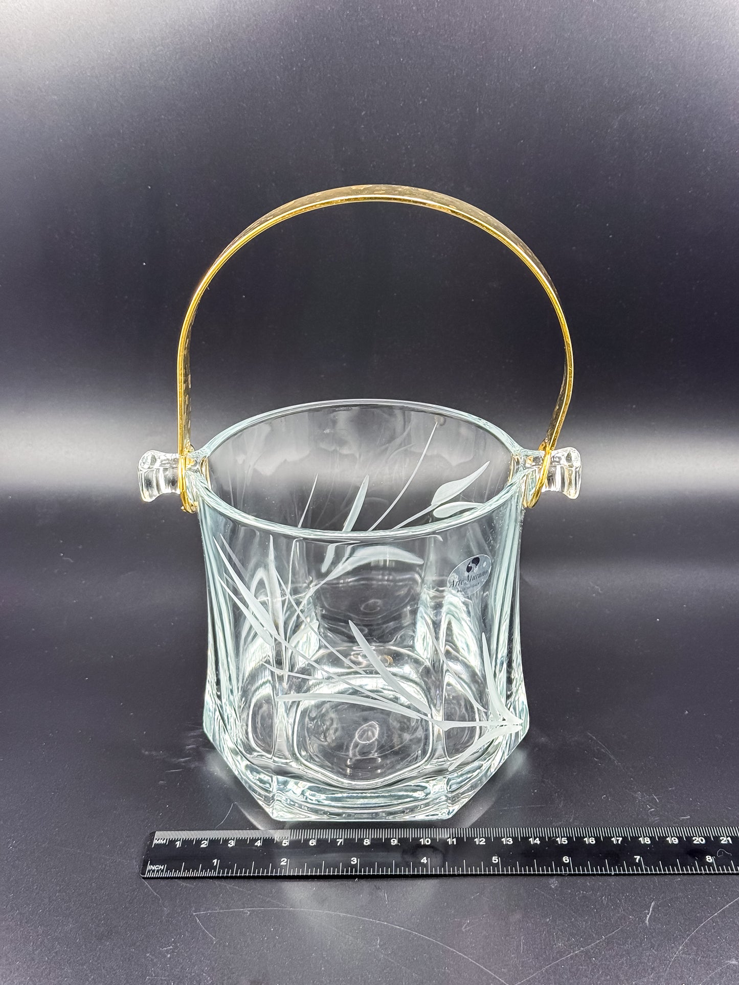 Arte Murano Italian Crystal Ice Bucket with Etched Botanical Design and Gold-Tone Handle
