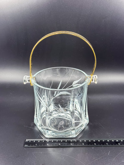 Arte Murano Italian Crystal Ice Bucket with Etched Botanical Design and Gold-Tone Handle