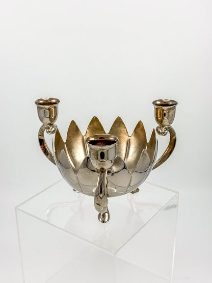 Vintage Silver-Plated Lotus Flower Bowl Candelabra with Three Candle Cups and Scroll Arms